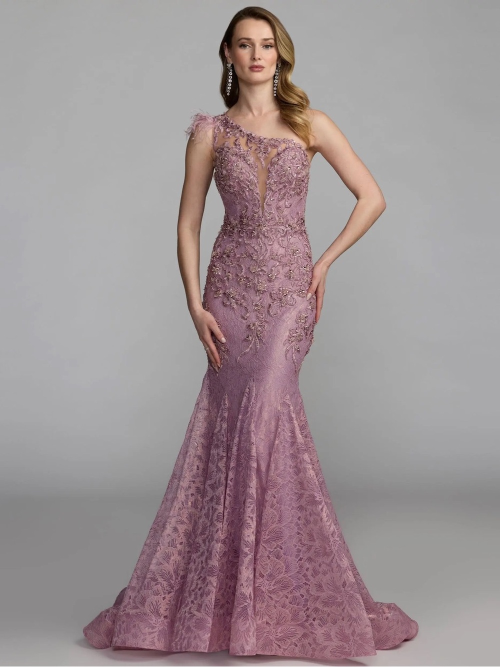 MAC DUGGAL
Pink Embellished Lace One Shoulder Gown With Feather Detail